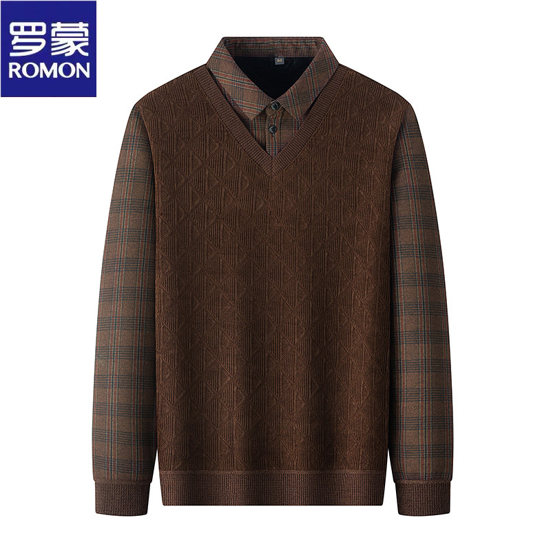 罗蒙绵羊毛桑蚕丝假两件毛衣加绒加厚商务休闲保暖针织衫套头卫衣,淘宝优惠券,粉丝福利购,淘宝优惠卷