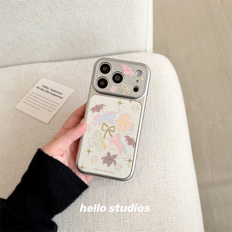 韩系银边闪粉花朵蝴蝶结彩色小马适用苹果17promax新款iPhone16promax手机壳15Pro小众17卡通14P少女16保护套,淘宝优惠券,粉丝福利购,淘宝优惠卷