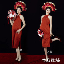 Shadow Building New Hairpins Flowers Pregnant Woman Photos Themed Red Retro Qipao Personality Pregnancy Mommy Indoor Dress With Dress And Genuine Clothes