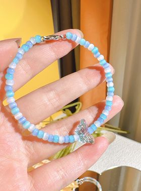 猫眼千禧甜妹手链元气潮流蝴蝶手串玻璃米珠记忆钢圈极细手饰链