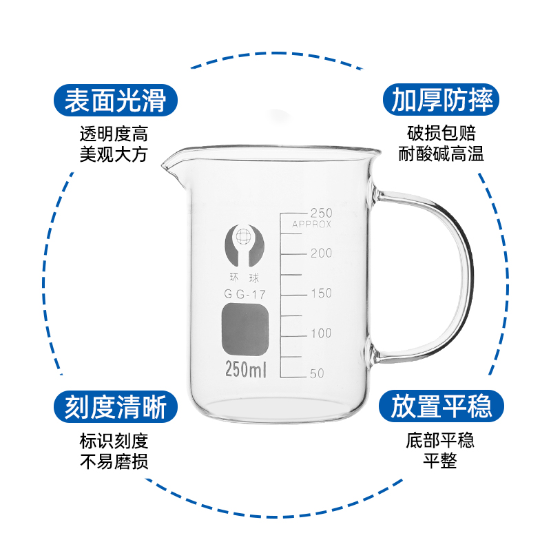 环球玻璃烧杯50 100 150 250 500 800 1000 2000 3000 5000ml家用喝水加厚耐高温实验器材带把化学烧杯带刻度