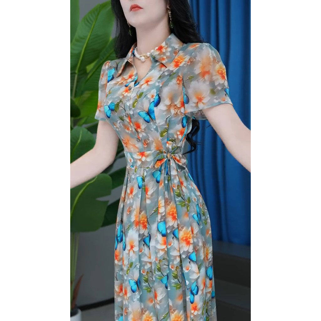 2025年夏季新款时尚短袖连衣裙女气质收腰显瘦中长款印花休闲裙子,淘宝优惠券,粉丝福利购,淘宝优惠卷