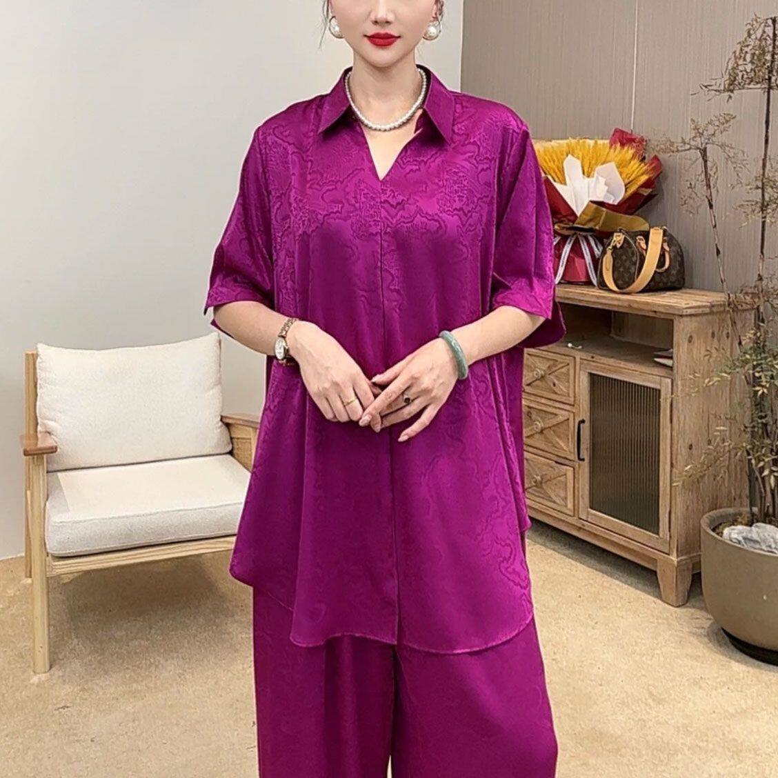 2025夏季新款时尚气质大码套装女宽松遮肉显瘦短袖上衣长裤两件套,淘宝优惠券,粉丝福利购,淘宝优惠卷