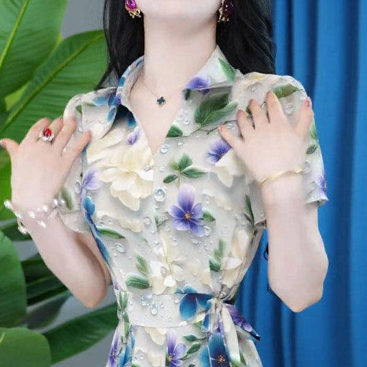 时尚短袖连衣裙女2025年夏季新款气质收腰显瘦中长款印花休闲裙子,淘宝优惠券,粉丝福利购,淘宝优惠卷