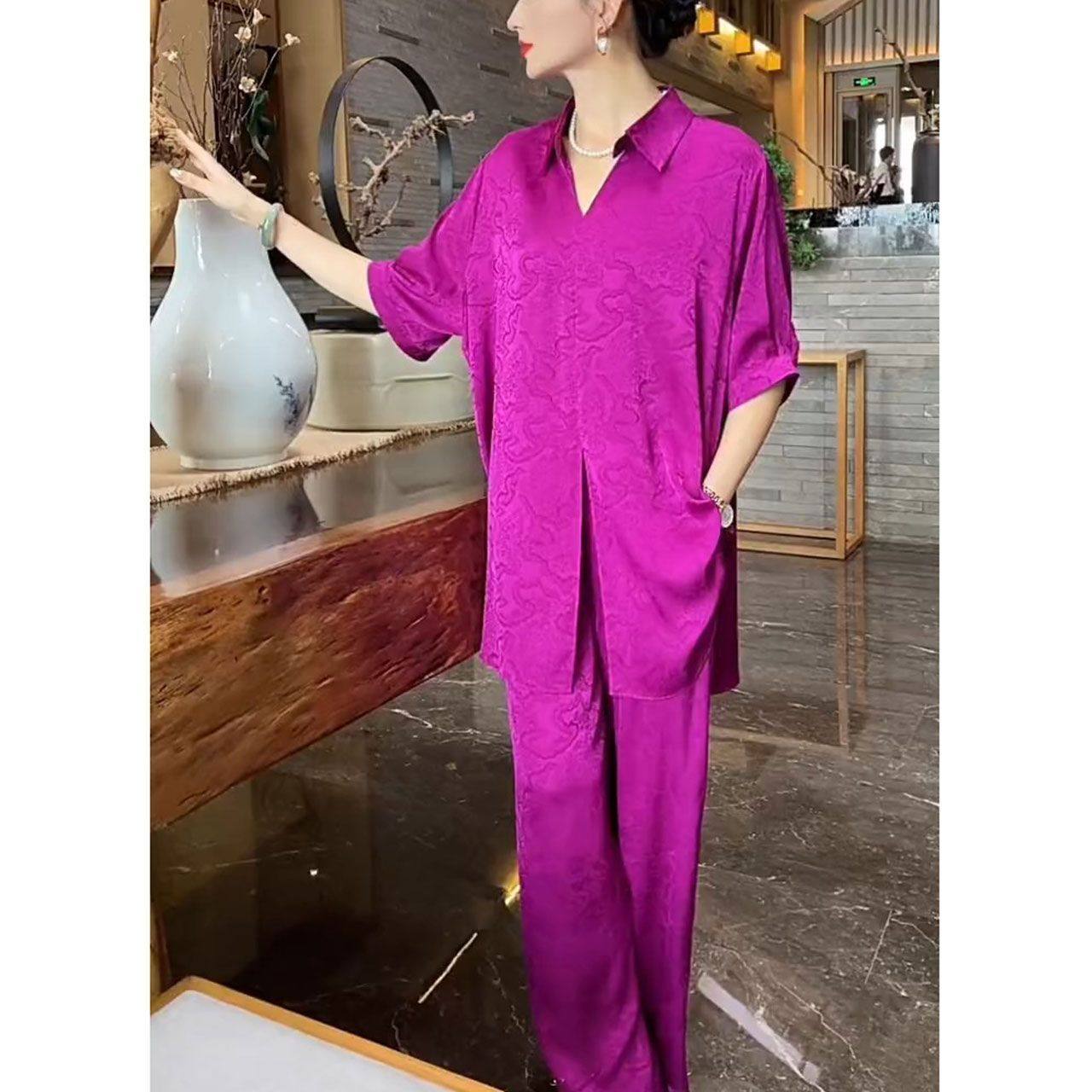 2025夏季新款时尚气质大码套装女宽松遮肉显瘦短袖上衣长裤两件套,淘宝优惠券,粉丝福利购,淘宝优惠卷