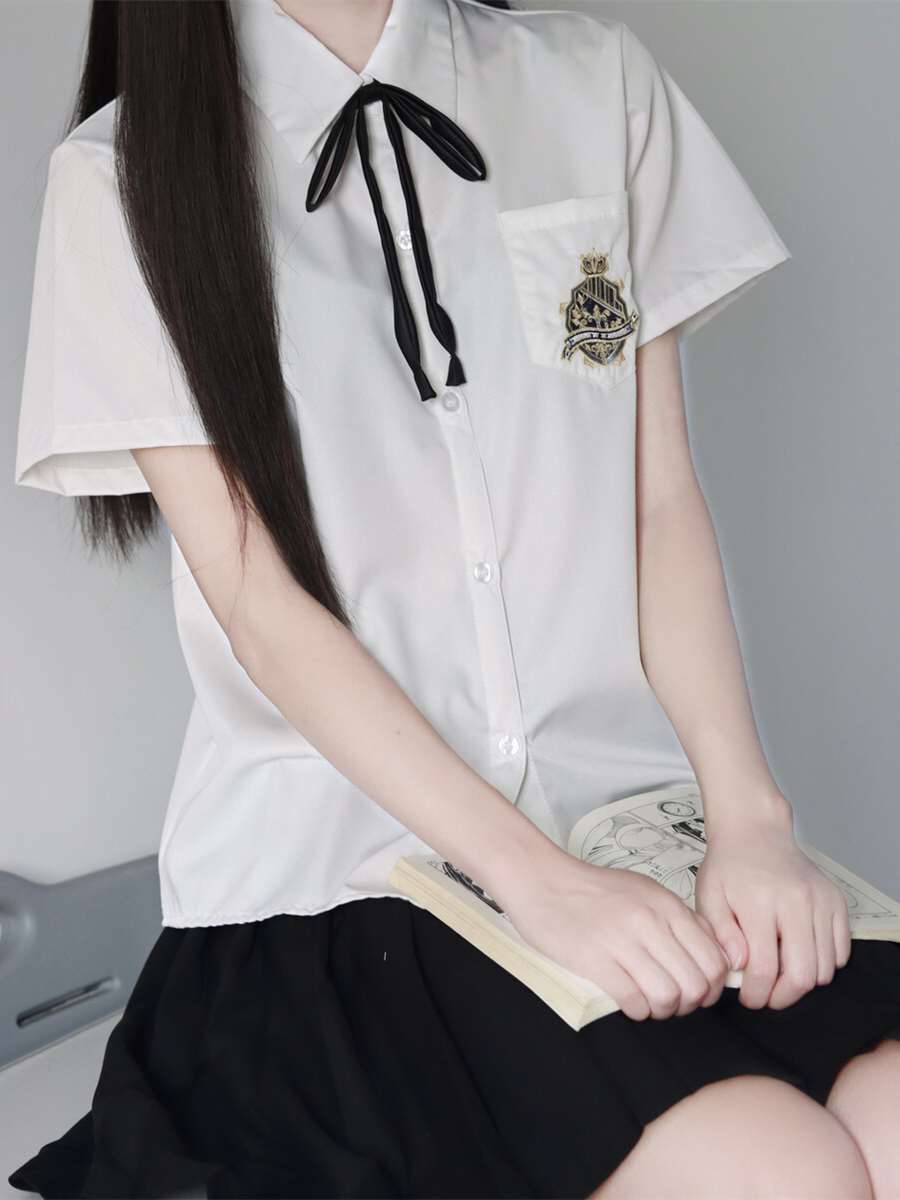 原创基础款刺绣jk衬衫尖领短袖夏秋季长袖制服套装女学生白衬衣院