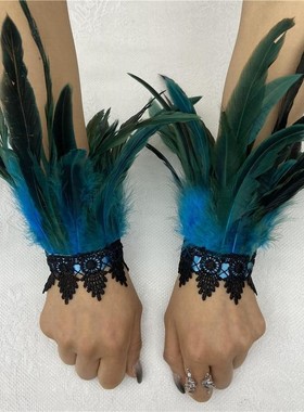 亚马逊羽毛手环万圣节表演舞会蕾丝羽毛腕带哥特风格羽毛手腕配饰
