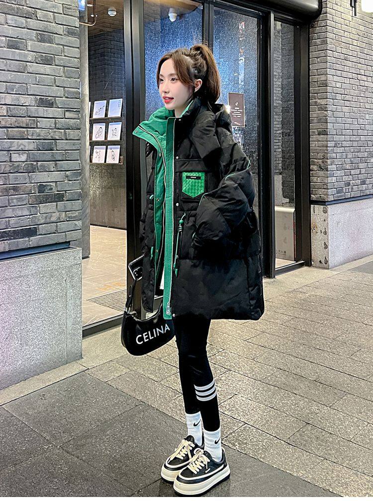 欧货拼接黑色中长款羽绒棉服女2023年冬季新款小个子时尚爆款外套,淘宝优惠券,粉丝福利购,淘宝优惠卷