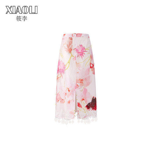 【XIAOLI筱李】优雅粉色花朵印花蕾丝装饰边半身裙女25秋新品 - 图0