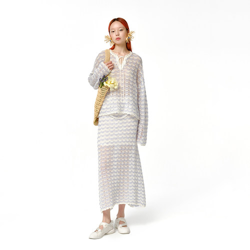 【设计师品牌XIAOLI筱李】蓝白镂空钩花半裙长裙（不含腰链） - 图1