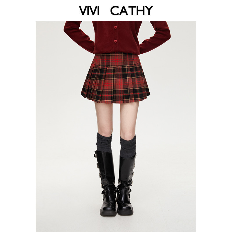 VIVICATHY2025秋冬韩系格纹半身裙女高腰a字毛呢裙新年红百褶裙,淘宝优惠券,粉丝福利购,淘宝优惠卷