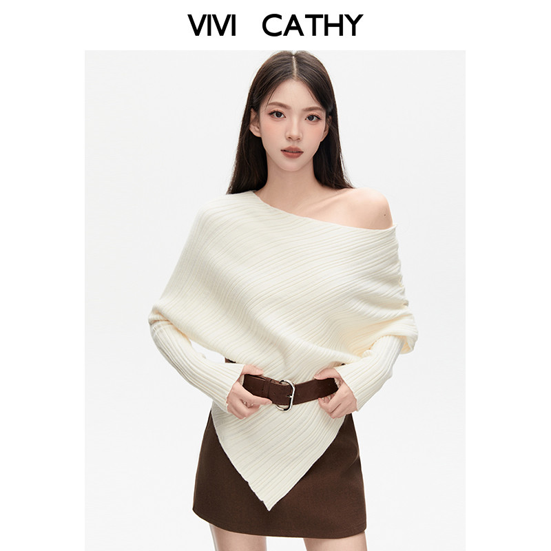 VIVICATHY一字肩针织衫上衣女2025秋冬季新款慵懒高级感白色毛衣,淘宝优惠券,粉丝福利购,淘宝优惠卷