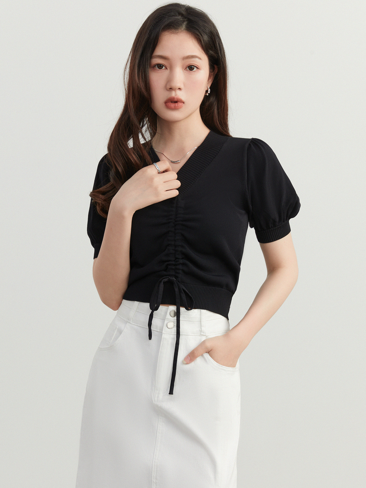 V领抽绳上衣微胖MM百搭针织衫