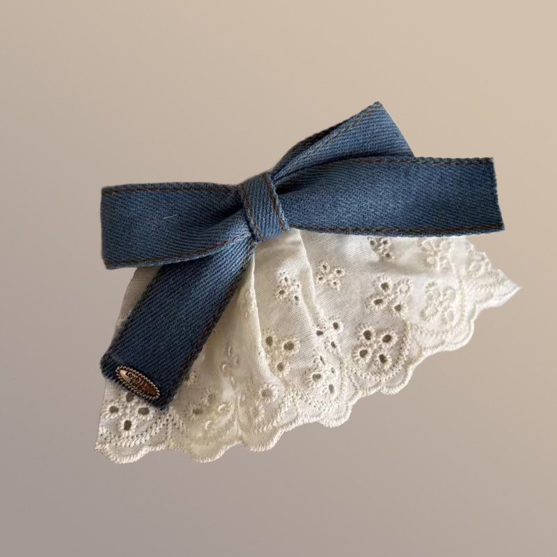 韩系文艺蓝色牛仔蝴蝶结蕾丝发夹女高级感可爱发卡夹子头饰弹簧夹,淘宝优惠券,粉丝福利购,淘宝优惠卷