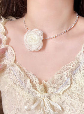清新甜美感网纱玫瑰花项链