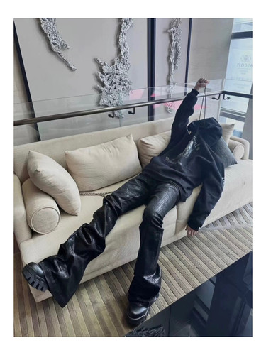 暗黑RO风格23ss小众暗黑刷蜡涂层高弹飘带牛仔裤阔腿微喇叭裤潮男 - 图1