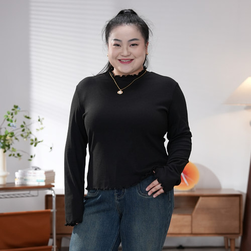 福饮沸别【棉花糖】大码胖mm七色百搭休闲秋冬款木耳边打底衫2031 - 图0