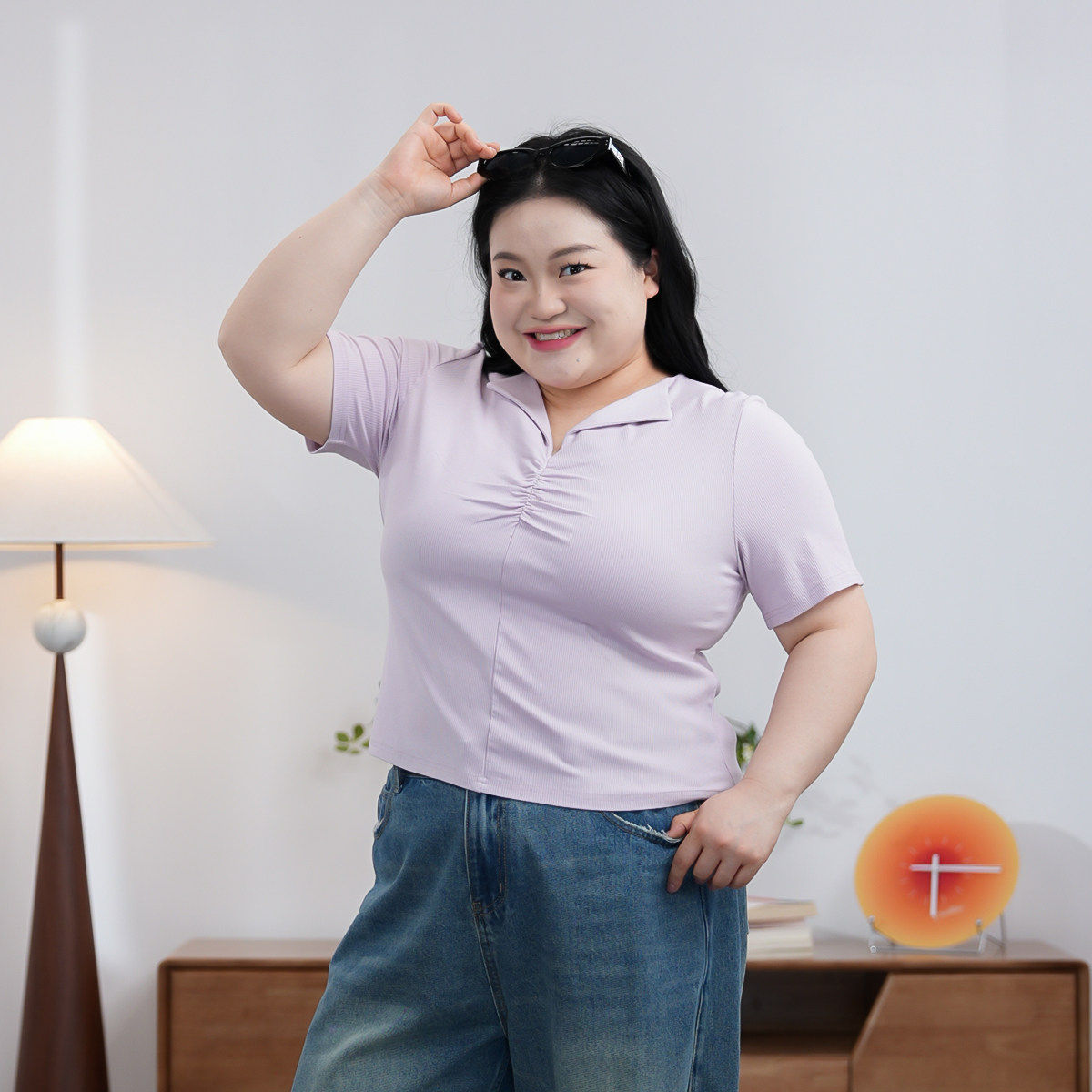 福饮沸别【蓝城旧事】大码女装V领小翻领气质显瘦短袖T恤女2059