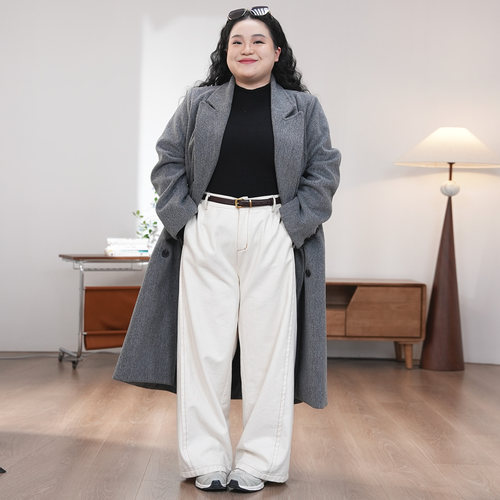 福饮沸别【探索边缘】大码胖mm秋冬季新款百搭直筒呢子大衣2592 - 图1