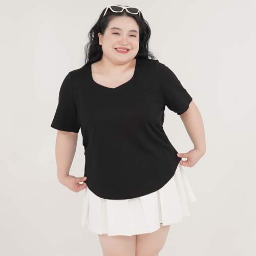 福饮沸别【桃领甜心】大码胖mm2025年新款显瘦桃心领T恤2133 - 图1