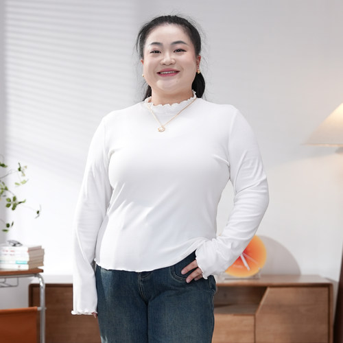 福饮沸别【棉花糖】大码胖mm七色百搭休闲秋冬款木耳边打底衫2031 - 图1