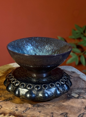 仿古仿石雕瓜棱石鼓古壶承茶杯底座茶道摆件中式做旧古典桌面装饰
