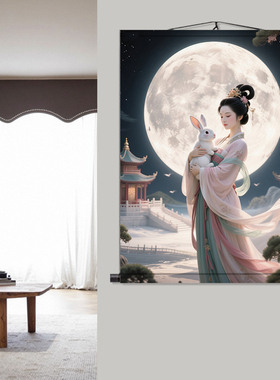 嫦娥抱兔挂画背景布墙布动漫周边装饰画丝绸卷轴画定制图案包邮画