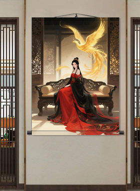 仕女图人物工笔画挂画唐朝古代美女红衣古风居家客厅装饰丝绸卷轴