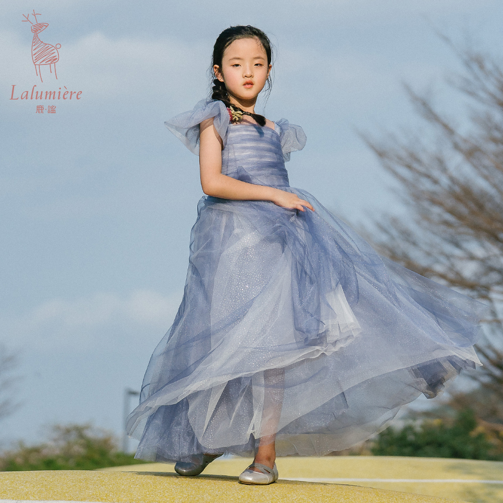 La Lumière鹿谧蓝色蝴蝶袖艾莎公主裙女孩生日演出比赛礼服裙-图1