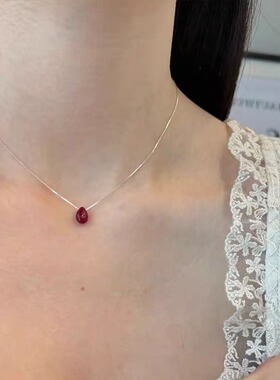 法国coopkoops925银红豆水滴吊坠项链女新中式红色简约锁骨链