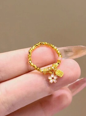 法国coopkoops925银色有钱花珠流苏戒指蜜粉金珐琅小花福牌食指