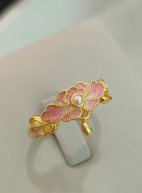 法国coopkoops925银新中式粉色芍药珐琅戒指复古轻奢高级感食指