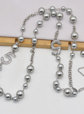 法国CoopKoop时尚高级感灰色珍珠项链复古个性闪钻5字吊坠颈链