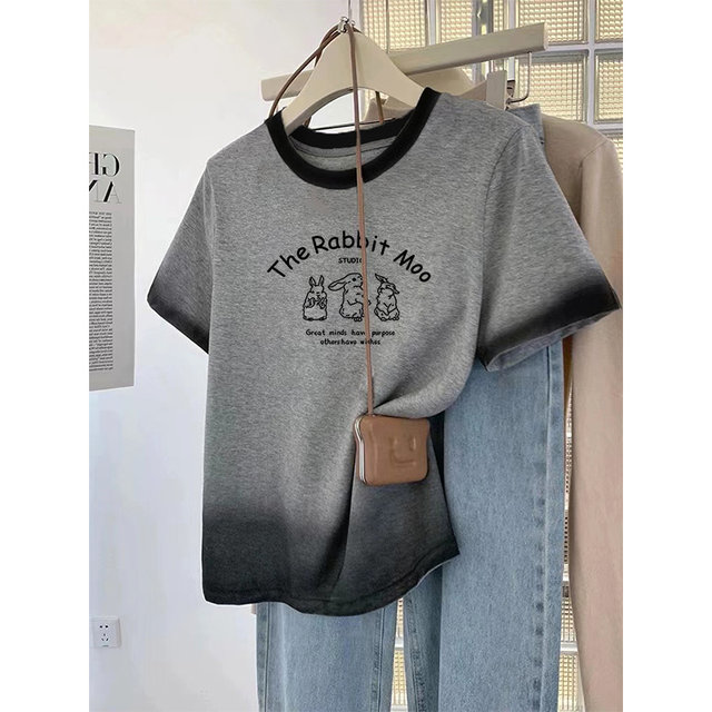 Chic tie-dye round neck short-sleeved t-shirt for women 2025 summer Korean style loose casual gray printed petite top