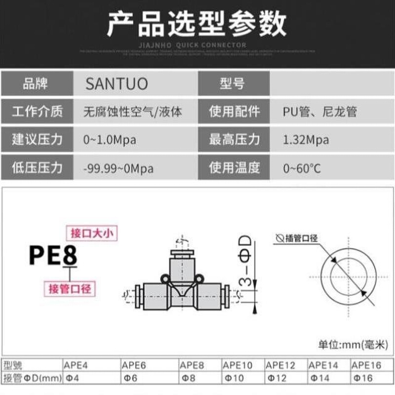 气动PE6/PE12气管快速插接头PE4PE8PE10白色塑料T型三通PE16mm - 图0