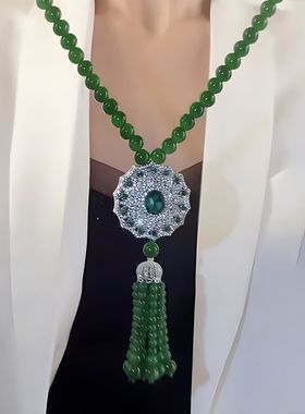 奥特莱斯撤柜感绿色玛瑙毛衣链大气高档长款国风项链女款秋冬吊坠
