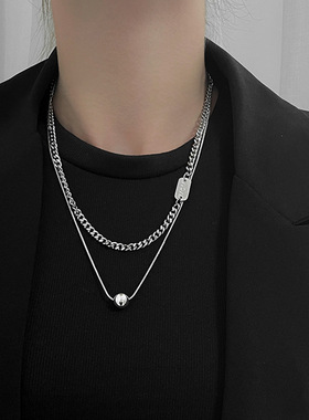 奥特莱斯撤柜2024年新款方牌圆珠双层叠戴项链钛钢ins冷淡风欧美