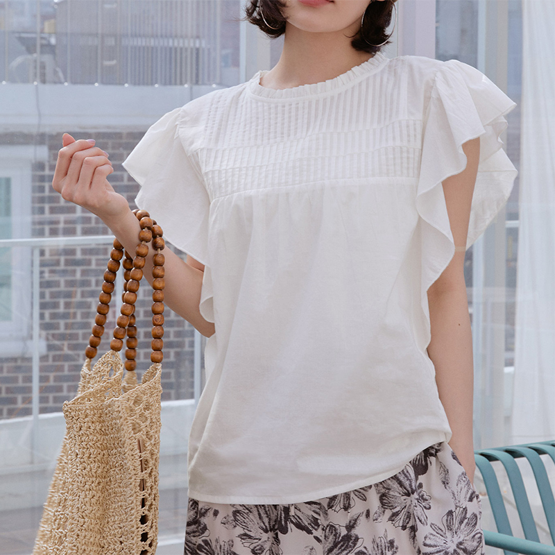 coca森系荷叶短袖衬衫女法式纯棉上衣