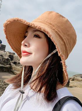 渔夫帽女夏季牛仔布可水洗毛边做旧韩版潮显脸小圆脸合适的遮阳帽
