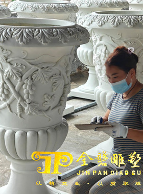 厂家直供园林景观石雕花盆 树脂工艺品砂岩雕刻花钵 出口雕塑花盆