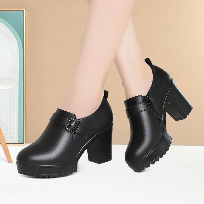 百搭粗跟舒适中年深口单鞋耐磨轻便增高走秀鞋拉链时尚旗袍高跟鞋,淘宝优惠券,粉丝福利购,淘宝优惠卷