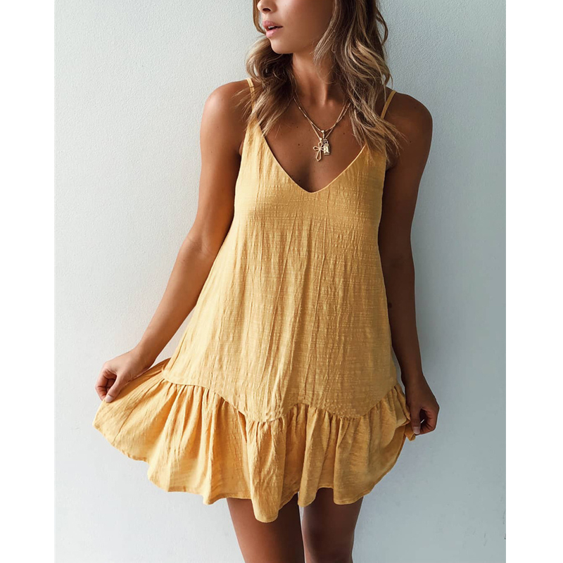 Women Ruffle Sexy Party Sundress Cotton Linen露背女连衣裙 - 图0