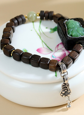 跨境批发沉香木镶嵌碧玉锦鲤和田玉手链盘玩文玩佛珠念珠藏式