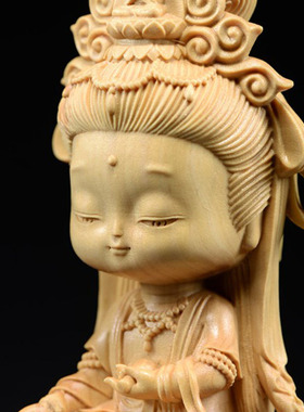 跨境小黄杨木雕萌版观音宝宝佛家居文玩摆件Q版观音菩萨木质精美