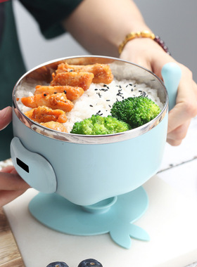 304不锈钢儿童碗防摔防烫温控宝宝辅食碗带盖密封小孩吃饭碗饭盒