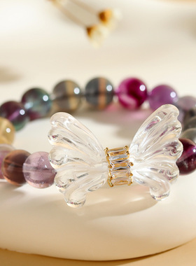 跨境批发天然彩萤石白水晶蝴蝶翅膀手链时尚原创女士新款手串