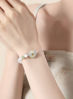 跨境闽粤新款s999足银桃花平安扣手链女和田玉串珠手串新中式