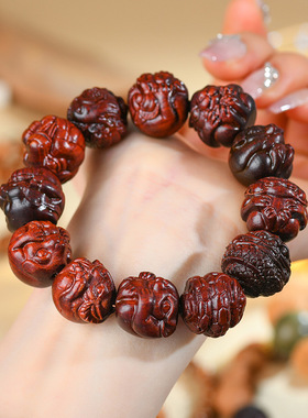 跨境批发血檀木雕刻十二生肖手链盘玩木质文玩佛珠中国风手串