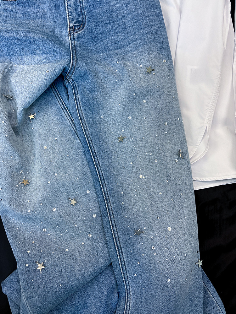 设计感重工满天星烫钻直筒牛仔裤女春秋新款复古高腰宽松阔腿长裤,淘宝优惠券,粉丝福利购,淘宝优惠卷