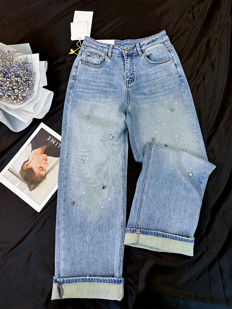 设计感重工满天星烫钻直筒牛仔裤女春秋新款复古高腰宽松阔腿长裤,淘宝优惠券,粉丝福利购,淘宝优惠卷
